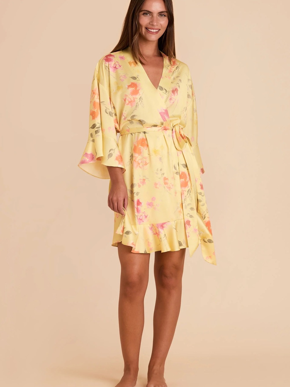 Birdy Grey Yellow Floral Satin Kimono Robe